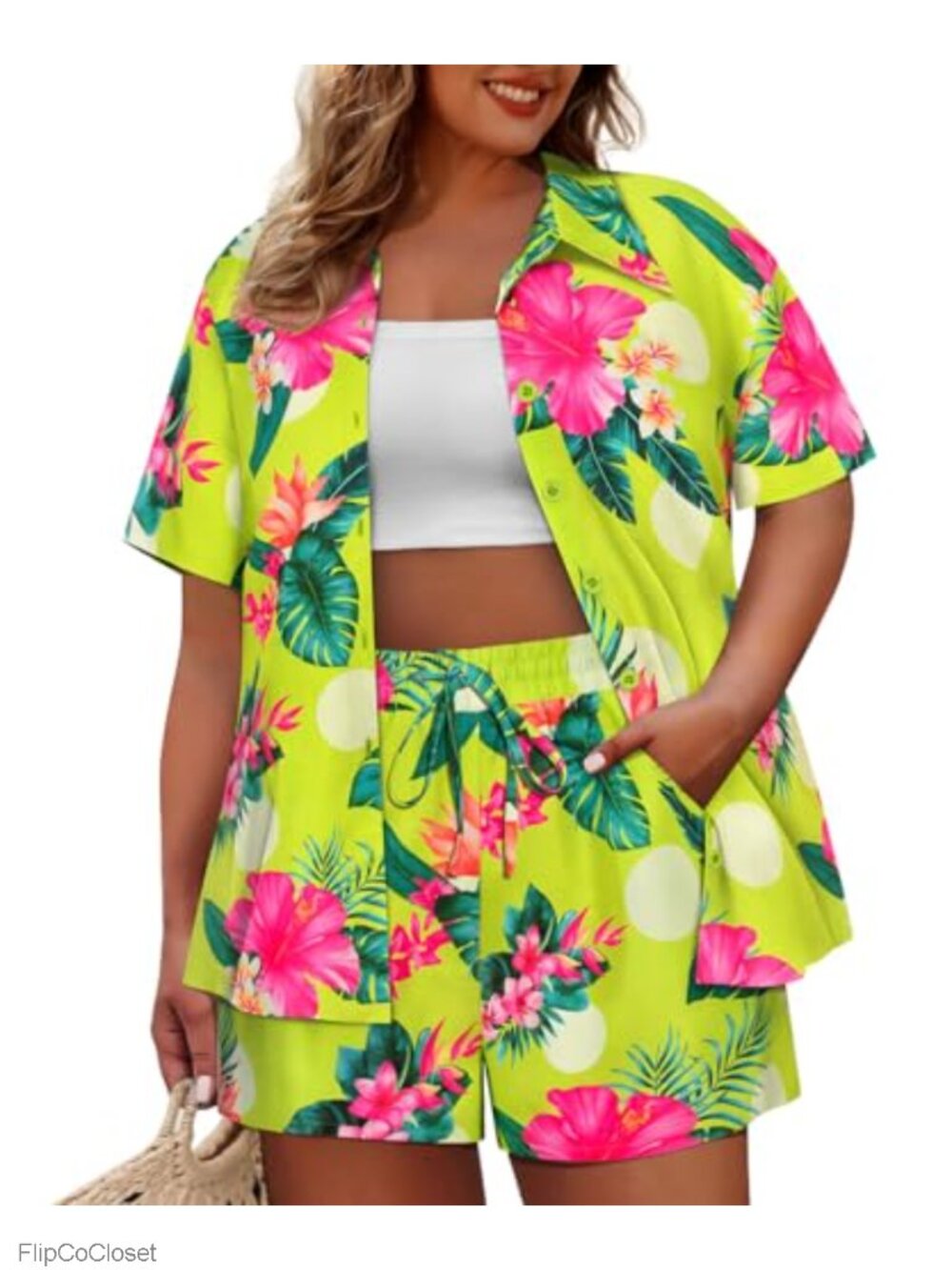 Plus Size 2 Piece Short Set Short Sleeve Button Top & Shorts Vacation Outfit
